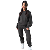 SRML-211333 Setelan Olahraga Wanita Terbaru Warna Solid Berbahan Fleece dengan Hoodie 2 Potong Pakaian Santai Sehari-hari