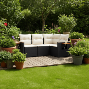 Ensemble de salon de jardin blanc crème et noir avec tables d'appoint, 4 places, mobilier d'extérieur en rotin tressé, design contemporain - Product Image 2
