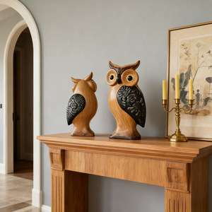 Figuras de Búho de Madera (2 Piezas), Diseño Minimalista, Decoración para Sala de Estar, Patrón de Plantas, Decoración para el Hogar - Product Image 2