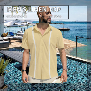 Chemise décontractée à manches courtes pour homme en lin sergé à fleurs avec un design cubain Shagua Abella, style colorblock - Product Image 3