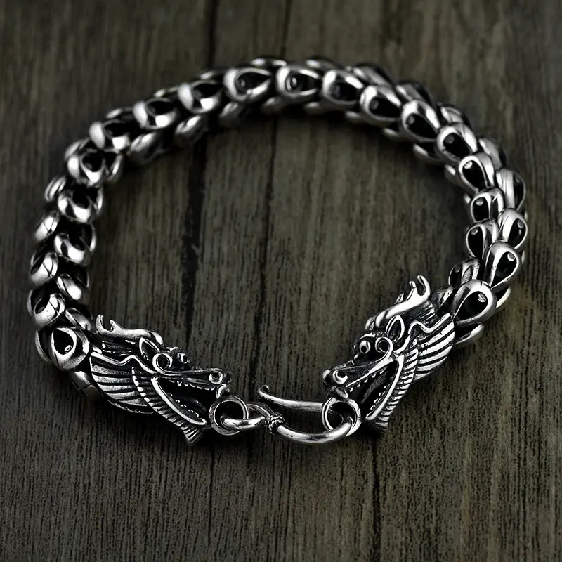 Dragon Scale Bracelet Chain Real Pure 925 Sterling Silver Double Heads Men Jewelry