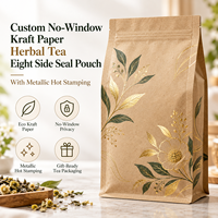 Sachet personnalisé en papier kraft sans fenêtre pour tisanes, scellé sur huit côtés avec marquage à chaud, pour la vente au détail et en gros