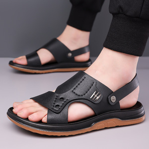 Sandales de plage en cuir souple pour hommes, à bride en T, semelle épaisse, antidérapantes, respirantes, à enfiler, kaki et noir, pour l'été et l'extérieur - Product Image 4
