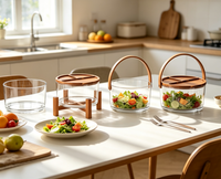 Bol de service classique rond en plastique transparent avec couvercle en bois et poignée amovible pour salades, fruits et collations – Vente en gros