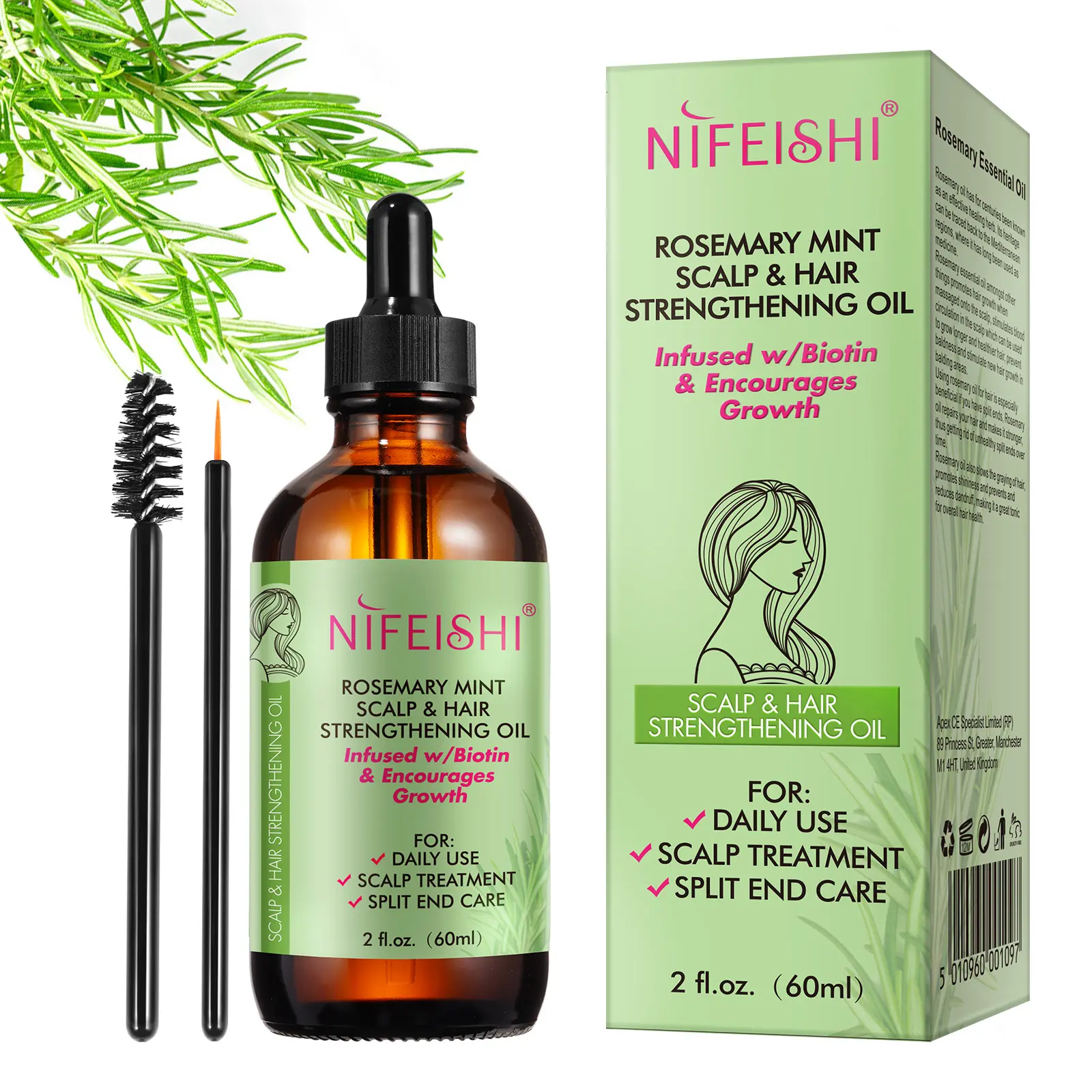 NIFEISHI rosemary mint scalp hair strengthening oil,60ml organic natural biotin rosemary essential oil,rosemary oil hair growth