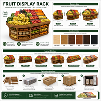 Supermarkt fruit- en groentepresentatierek, houten look, producten-eilandstandaard, gebogen schappen voor supermarkt, verse producten