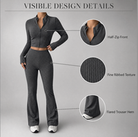Ensemble assorti deux pièces pour femme, personnalisé en gros : Veste courte côtelée à demi-zip et pantalon évasé taille haute, pour le yoga, l'entraînement et les activités sportives