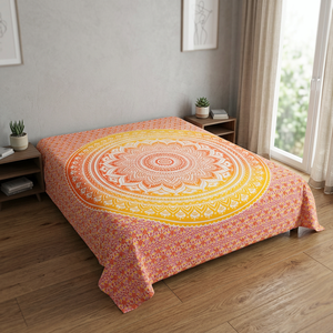 Sábana plana con estampado geométrico de mandala bohemio, color rosa, naranja y amarillo, funda de cama, sábana étnica para el hogar - Product Image 5