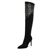 Bottes Stiletto Western Noires Personnalisées en Faux Daim avec Strass, au-dessus du Genou, pour Femme, à Bout Pointu, Extensibles, Légères, Hiver, Talon 10cm, Fermeture Éclair