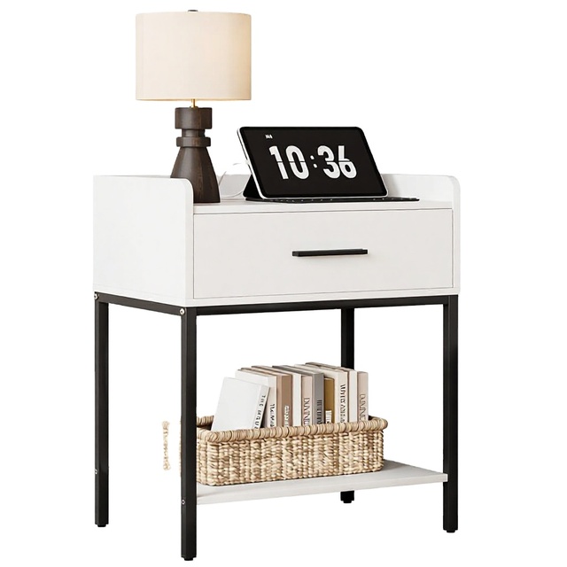 Modern Wood Nightstand Charging Station with 1-Drawer & Open Shelf White/Black for Bedroom and Living Room