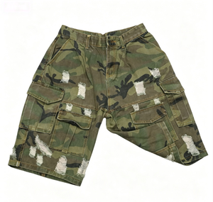 Shorts cargo camouflage pour homme, taille mi-haute, en toile déchirée, style workwear, respirant, 100% coton, fermeture boutonnée - Product Image 2