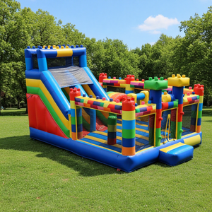 Château gonflable pour enfants avec toboggan et parcours d'obstacles à thème blocs, combo château <span class=keywords><strong>de</strong></span> saut humide/sec avec souffleur pour fête - Product Image 1