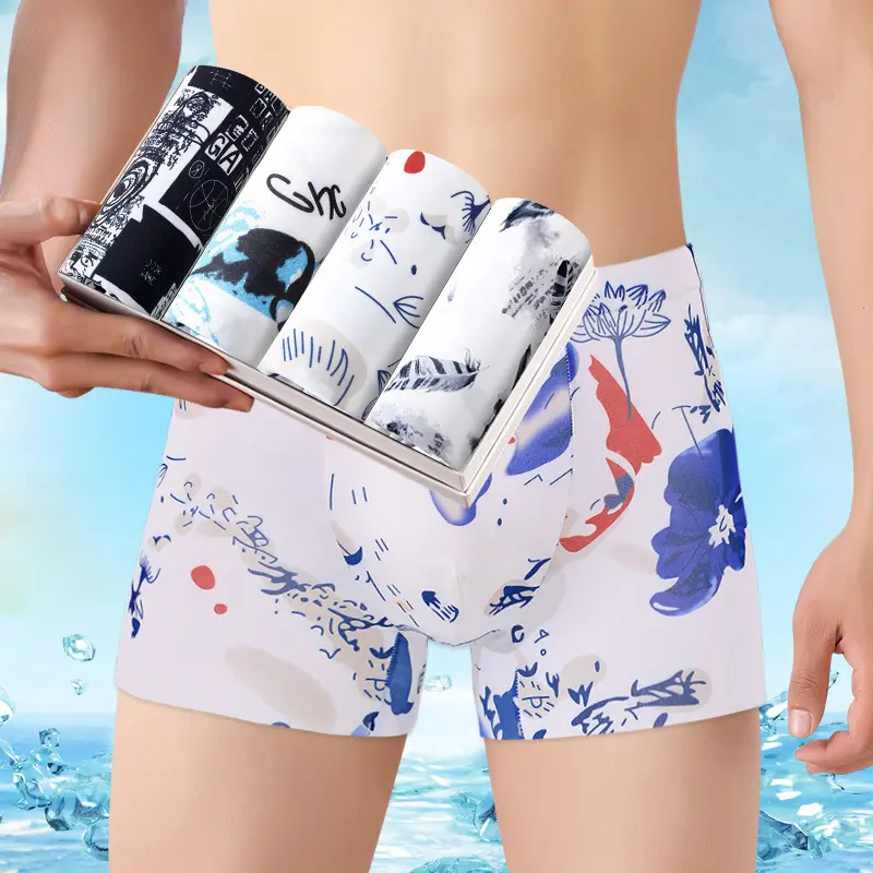 High Quality Cool Ice Silk Mens Boxer Brief Seamless Breathable Shorts Mid-waist Men Underwear