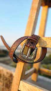 Ornate Vintage Aesthetic Hand-Tooled Leather <b>Belt</b> with <b>Western</b> Heritage Style Alloy Buckle - Product Image 2