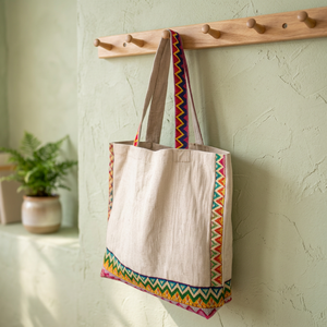 Rectangular Use Embroidered Canvas Tote <b>Bag</b> With Tassel Decor Large Capacity Handmade <b>Storage</b> <b>Bag</b> - Product Image 1