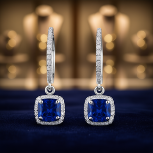 Orecchini Pendenti Quadrati Taglio Principessa Blu E2911 in Argento 925 con Montatura a Griffe, Gioielli Classici da Donna per Matrimonio - Product Image 2