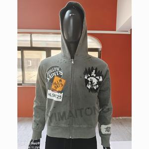 Vintage Acid Wash Zip Hoodie for Men Heavyweight Cotton <b>Streetwear</b> with Distressed Embroidery Patchwork Custom Hooded Collar - Product Image 1