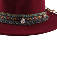 Chapeau Fedora en feutre de laine souple, brodé multicolore, style rétro vintage bordeaux, idéal pour l'automne et l'hiver, parfait pour les fêtes et les occasions décontractées.