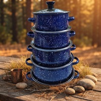 Lot de 5 casseroles et marmites classiques modernes à double poignée, en émail, avec couvercle en verre et fond en fonte, compatibles gaz et induction, vente en gros