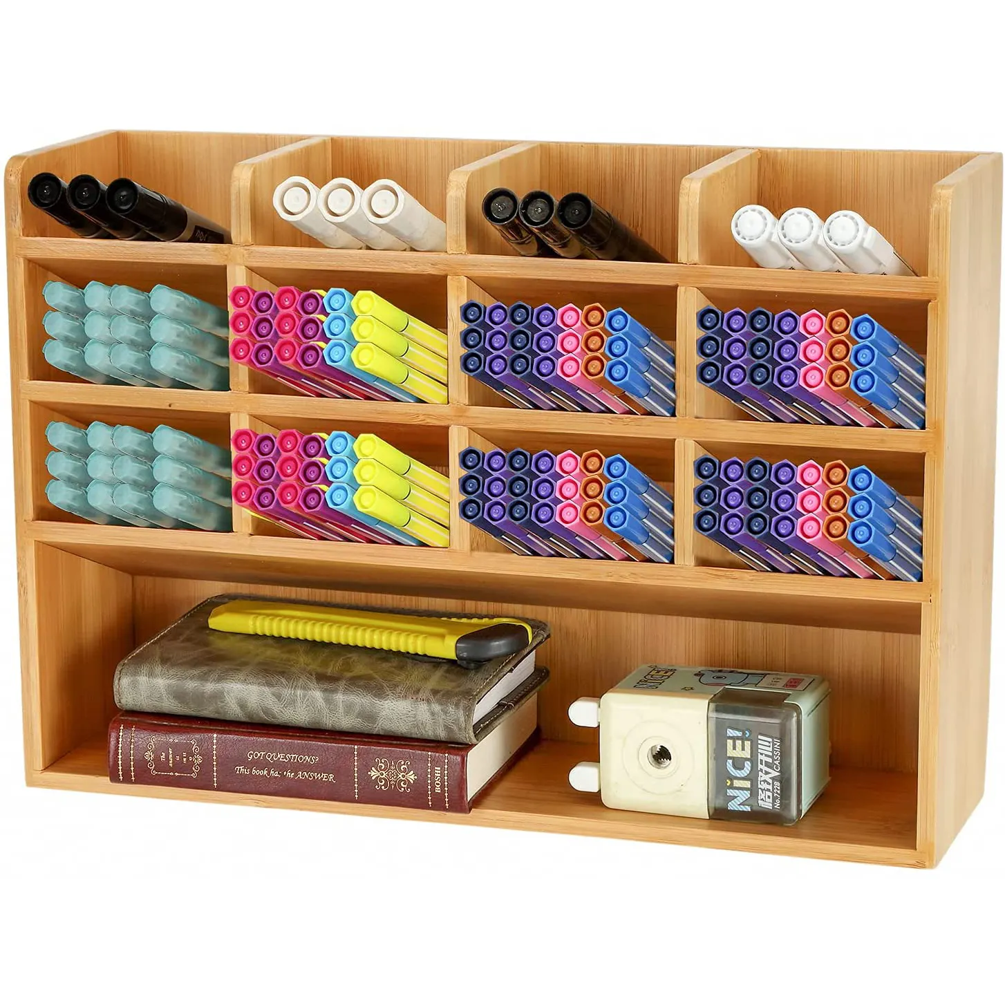 Bamboo Pen Organizer Wooden Pencil Holder Box for Desk Wood Art Supplies Storage Cabinet with 13 Compartments for Colored Pencil