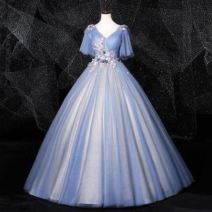 Haze Blue Long Ball Gown Deep V Neck Stage Performance Dress Women Adult Polyester Fabric 811 - Product Image 1