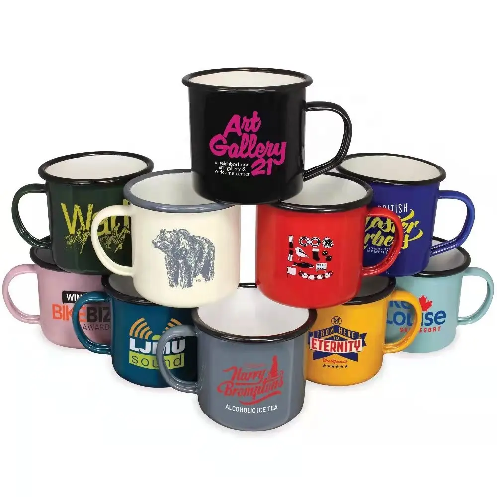 Taza de Camping esmaltada, diseño de capacidad personalizada, lata de acero metálico, lavavajillas, vaso de seguridad, té, café, taza esmaltada, tazas con asa