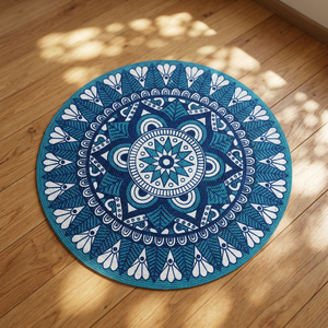 2026 Model <b>Round</b> Bohemian Jute Area <b>Rug</b> with Non-Slip Rubber Backing for Living Room Home Decor in Teal and <b>White</b> Pattern - Product Image 4