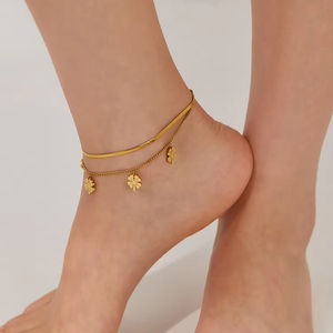 फैशन ज्वेलरी डबल-लेयर स्टेनलेस स्टील चार-पत्ती लटकी हुई महिला के सोने की प्लेटेड टखट - Product Image 4