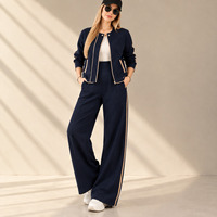 Ensemble deux pièces pour femmes, veste à col rond avec fermeture éclair, pantalon à jambes larges, ensemble décontracté avec bande latérale contrastée, OEM ODM en gros