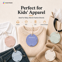 Étiquettes personnalisées bleu périvinyle directement de l'usine, cartes d'étiquettes circulaires pour bébés, étiquettes imprimées blanches pour vêtements de nouveau-nés