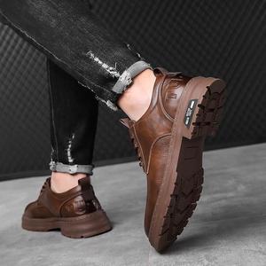 Chaussures décontractées pour hommes en cuir à lacets, bout rond, semelle extérieure en caoutchouc antidérapante, semelle intermédiaire en EVA, couleur unie - Product Image 4