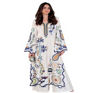 White Floor-Length Embroidered Kaftan Women's Loose Fit Traditional Indian Pakistani Wear Summer Casual Cotton <b>Dress</b> - Product Image 1