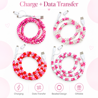 Câble de charge multi-prise USB Type C 3 en 1 avec perles florales roses, cordon de transfert de données