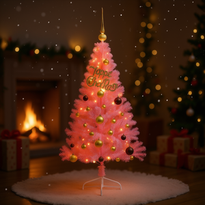 Sapin de Noël artificiel pré-éclairé de 59,06 pouces en PVC rose avec lumières LED blanc chaud, base décorative pour intérieur - Product Image 2