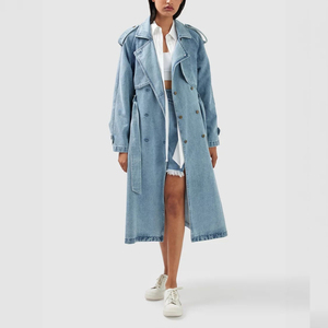 <span class=keywords><strong>Trench</strong></span> Coat Denim <span class=keywords><strong>Femme</strong></span> Oversize Long Double Boutonnage Ceinturé Bleu Clair Lavé Revers Maxi Veste Streetwear - Product Image 1