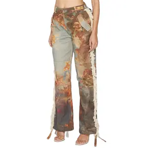 Pantaloni cargo con nappe multi-arte rilassati con stampa arazzo rinascimentale all'ingrosso di alta qualità personalizzati per le donne