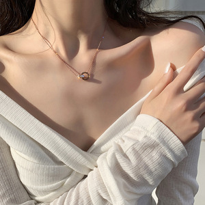 Hot Sale Roman Numeral Double Ring Pendant Necklace Rose Gold Plated <b>Titanium</b> Steel CZ Jewelry for Women Daily Party - Product Image 2