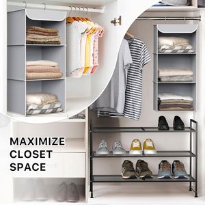 3 Tier Hanging Wardrobe Storage Organizer with 2 <b>Hooks</b> Multifunctional Clothes <b>Shelf</b> for Sweater Coat Shoes in Bedroom Dorm - Product Image 2