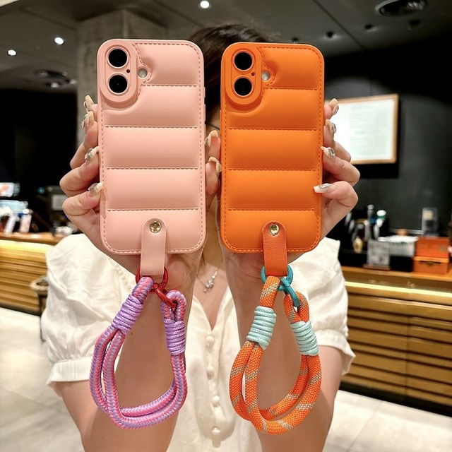 3D Down Jacket Soft TPU Puffer Phone case with Lanyard Back Cover for iPhone 16E 15 Pro Max 14 13 12 11 Wrist Strap Mobile Shell