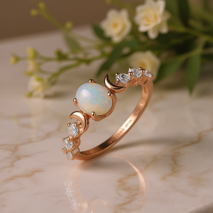 Anello in Lega Oro Rosa con Opale e Design Luna, Incastonatura a Griffe con Accenti di Diamanti, Anello Bohemien con Gemma per Fidanzamento T0073 da Donna - Product Image 2