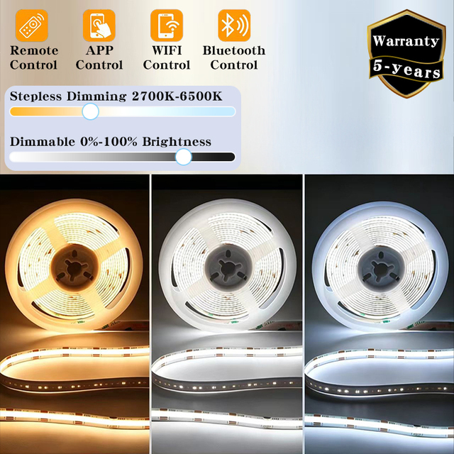 Flex CCT Cob Led Strip Light 12v 24v Stepless Dimmable 2700K-6500K Smart App Control for Cabinet, Bedroom,decorative Lighting