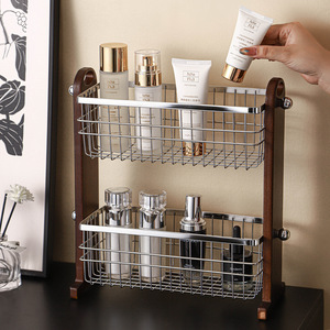 Stainless Steel <b>Desktop</b> Cosmetic <b>Shelf</b> With Wooden Frame For Bathroom Makeup Storage Basket Perfume Holder - Product Image 3