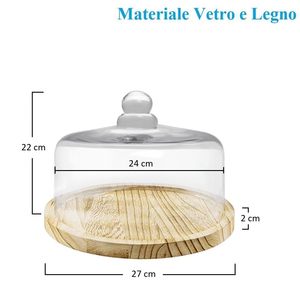 Cloche en verre transparent avec base en bois 27x22 cm, présentoir décoratif pour bonbons, objets et compositions - Product Image 2