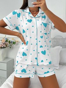 Conjunto de Pijama Casual para Mujer, Estampado de Corazones, Una Camiseta de Manga Corta, Un Par de Pantalones Cortos, Lazo, para Verano, Ropa de Dormir para la Noche - Product Image 4