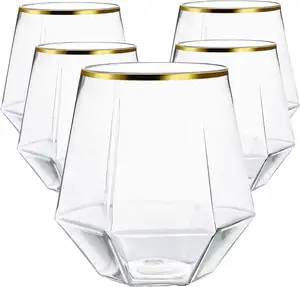 Unbreakable Stemless di plastica vino Champagne whisky bicchieri da 12 once durevole cerchio oro monouso tazza per casa bar matrimonio