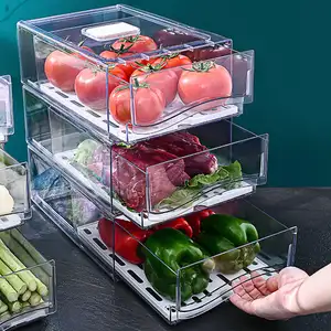 Diskon Besar Dapur Transparan Plastik Kulkas Organizer untuk Makanan Sayuran Freezer Laci Stackable Kotak Penyimpanan Kulkas Bin