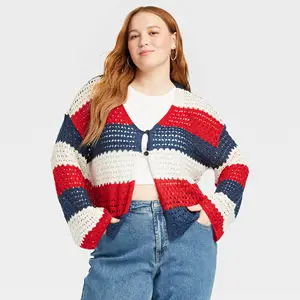 Custom Plus Size Women Sweater Summer V Neck Drop Shoulder Front Open Buttons Striped Hollow Out Crochet Oversized Cardigan