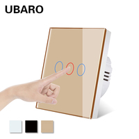 Interrupteur mural tactile UBARO 86 Type EU sans fil neutre, en verre trempé doré, AC100-240V 10A, interrupteur de lampe à capteur unipolaire
