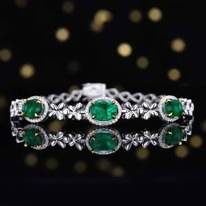 <b>Solid</b> 18K <b>Gold</b> Natural Emerald <b>Bracelet</b> 3 Oval Emeralds & 0.2ct Diamonds Evening Gala Fine Jewelry for women - Product Image 1
