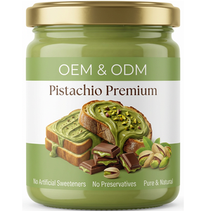 Crème de pistache OEM, beurre de pistache sucré, pâte <span class=keywords><strong>à</strong></span> <span class=keywords><strong>tartiner</strong></span> et sauce pour le remplissage de barres <span class=keywords><strong>chocolat</strong></span>ées de Dubaï, biscuits Kataifi - Product Image 1